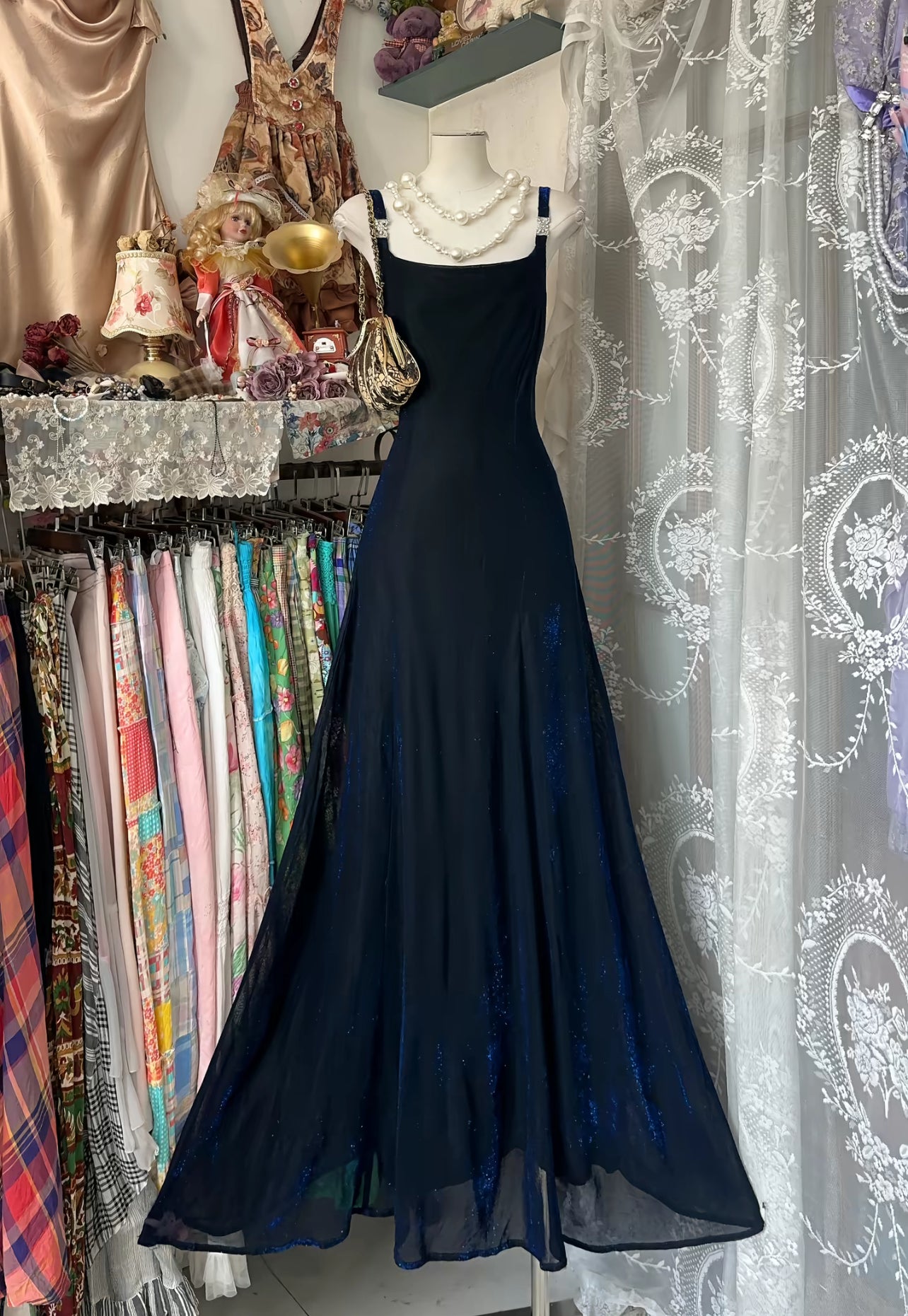 Robe de soirée longue bleu marine coupe trapèze J8514