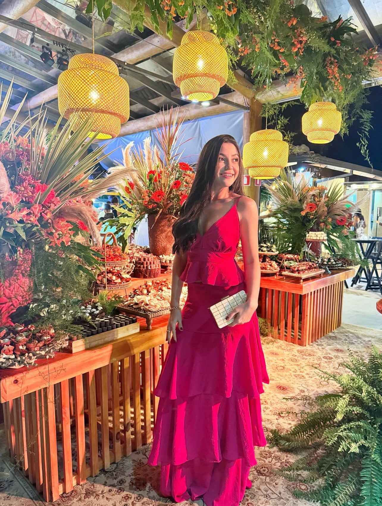 V Neck Tiered Wedding Guest Dress Ruffle Long Prom Dress J8017