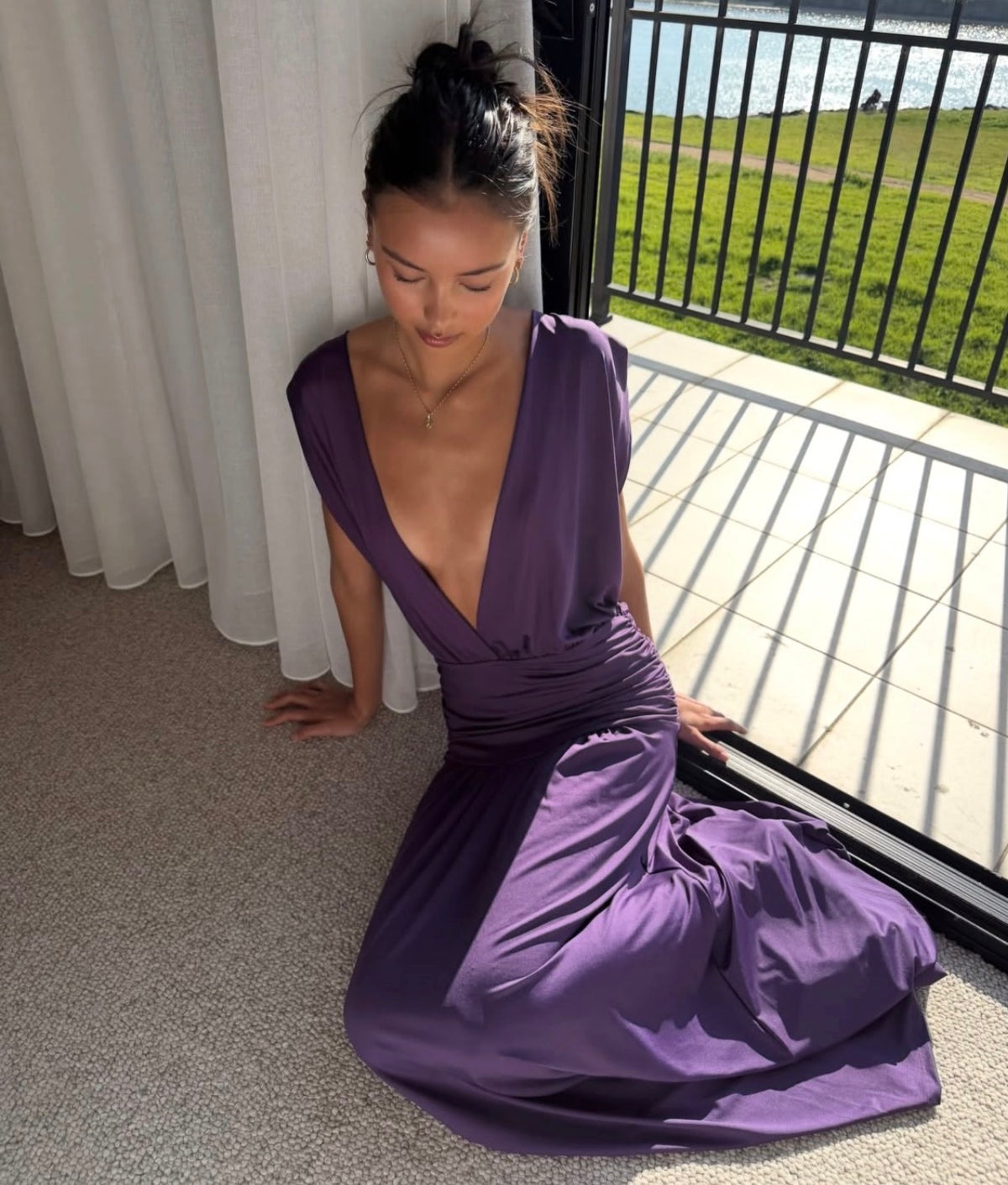 Deep V Neck Purple Wedding Guest Dress Formal Evening Gown J12091