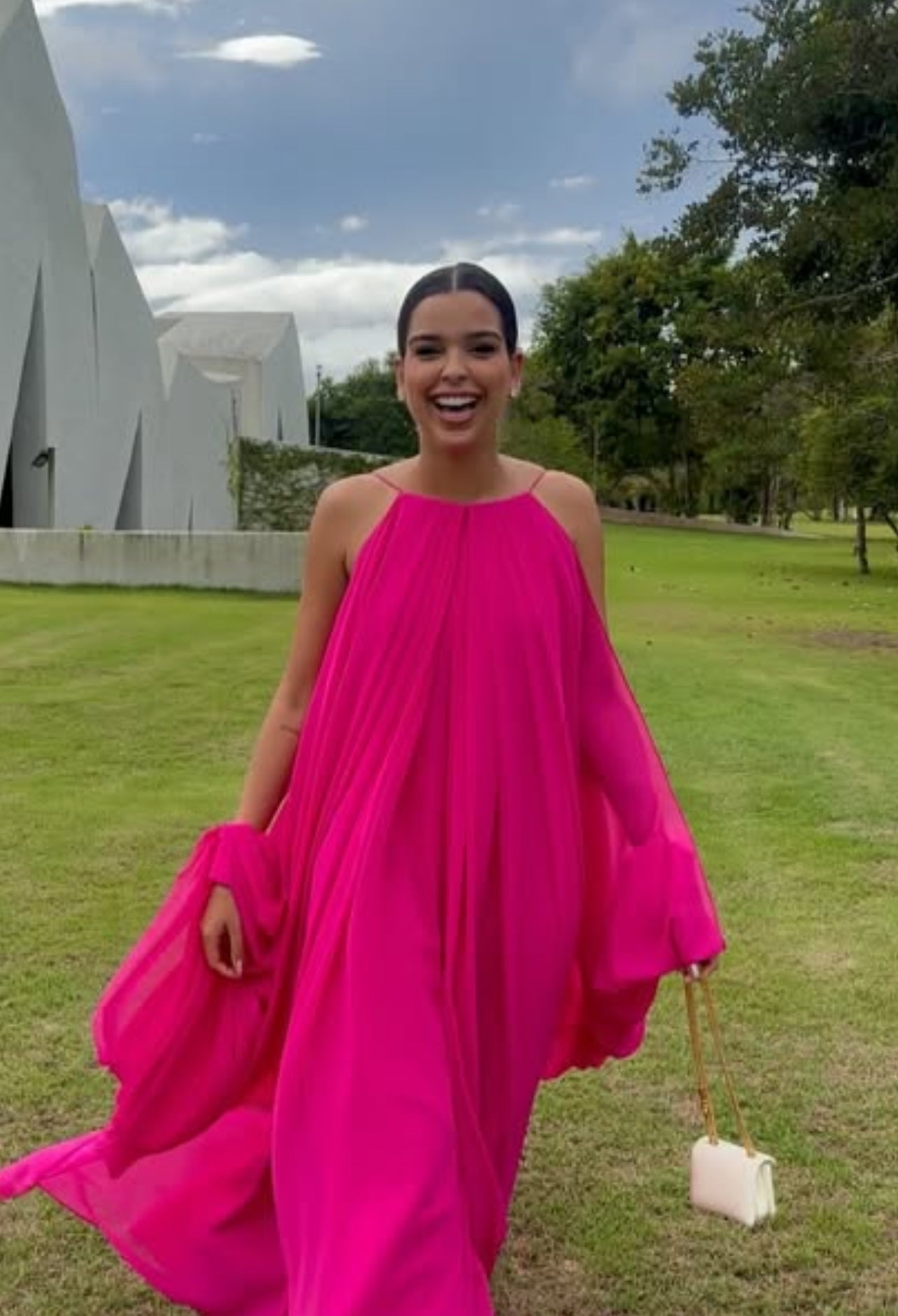 Robe de soirée formelle en mousseline rose vif, dos nu, robe d'invitée de mariage J7018
