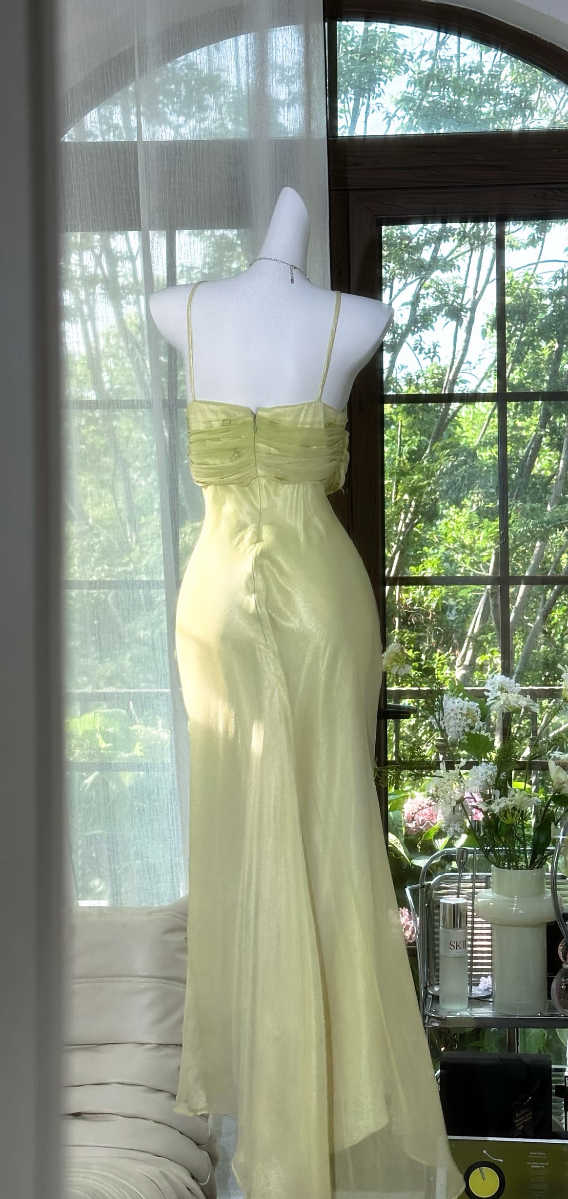 Robe de bal sirène verte à bretelles spaghetti, robe de soirée féerique J7293