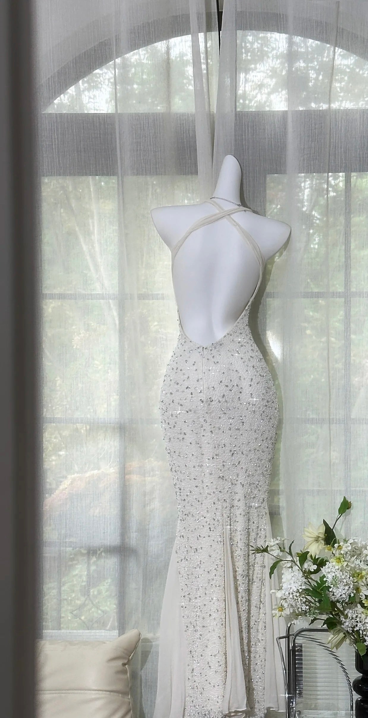 Backless Sequin Long Prom Dress Ivory Sexy Evening Dress J8833