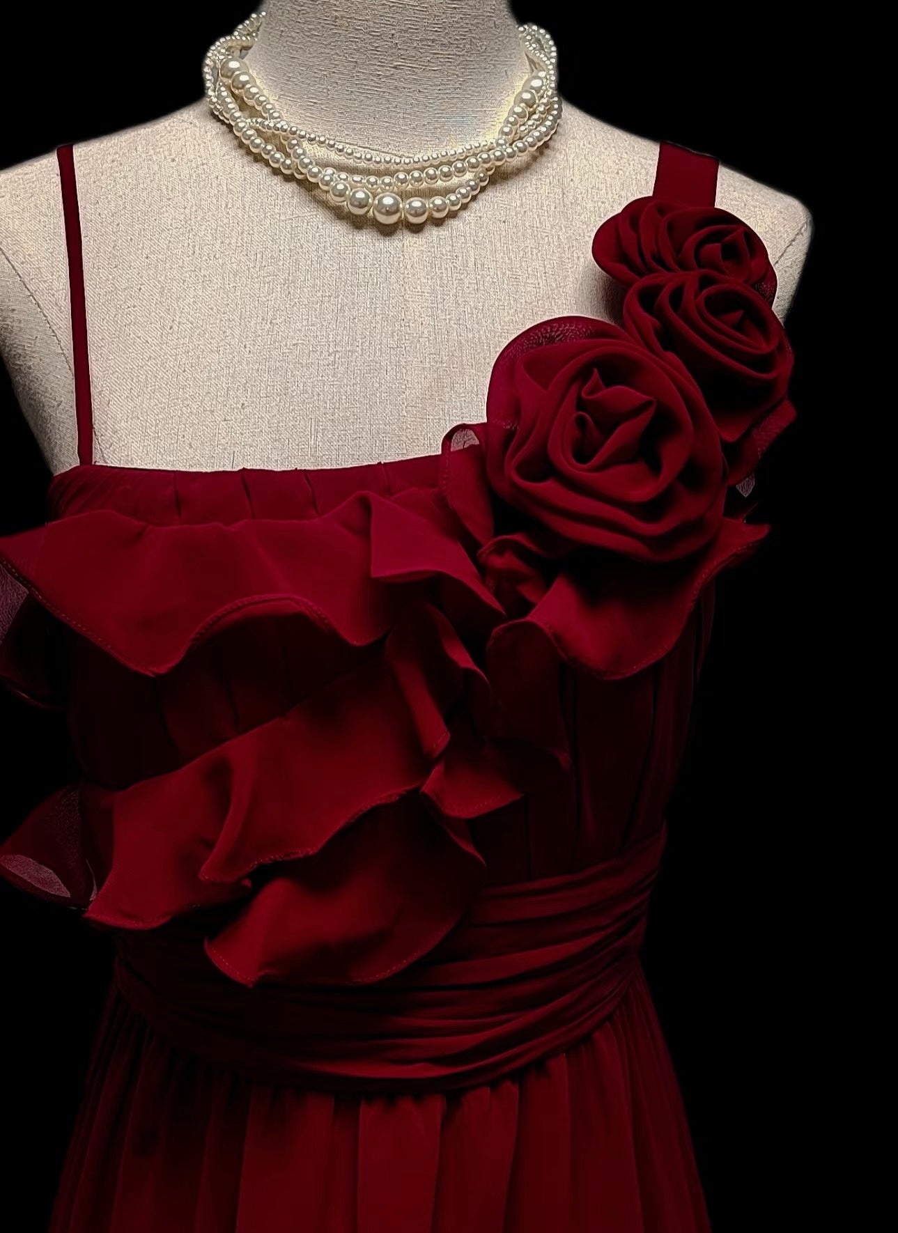 Robe de soirée rouge en mousseline de soie, coupe trapèze, tenue d'invitée de mariage, J7317