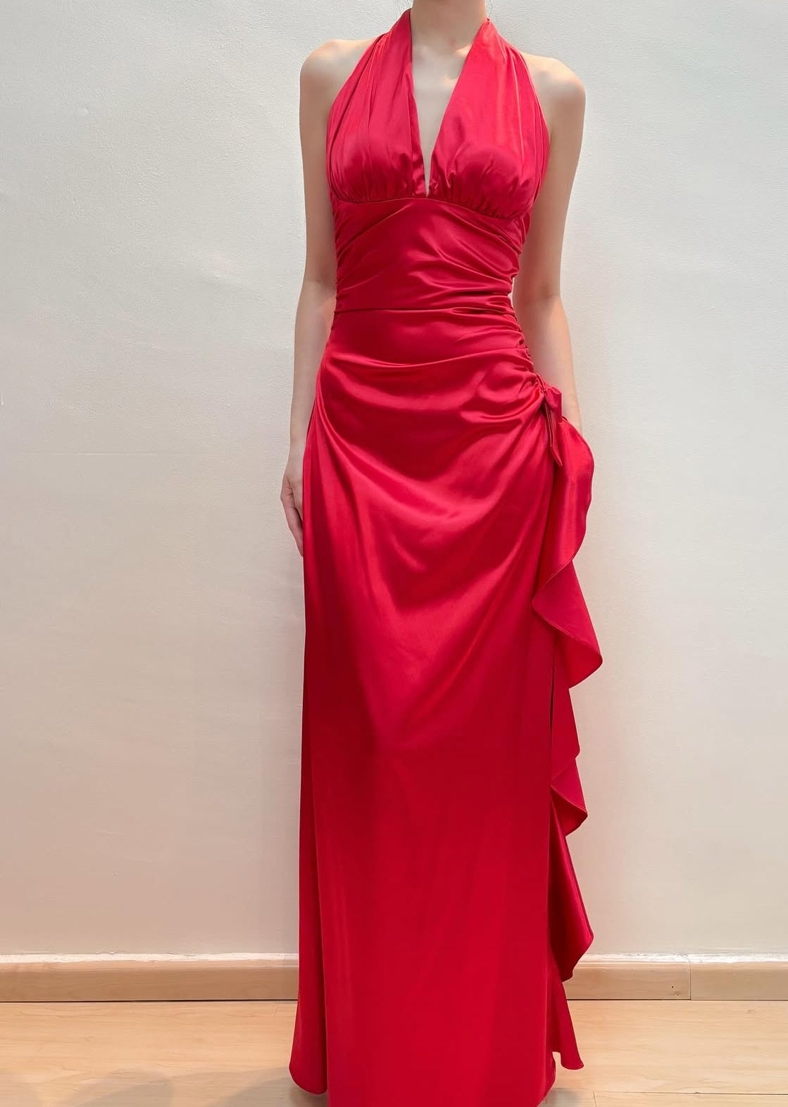 Halter Red Long Prom Dress Satin Ruffle Evening Dress J8551