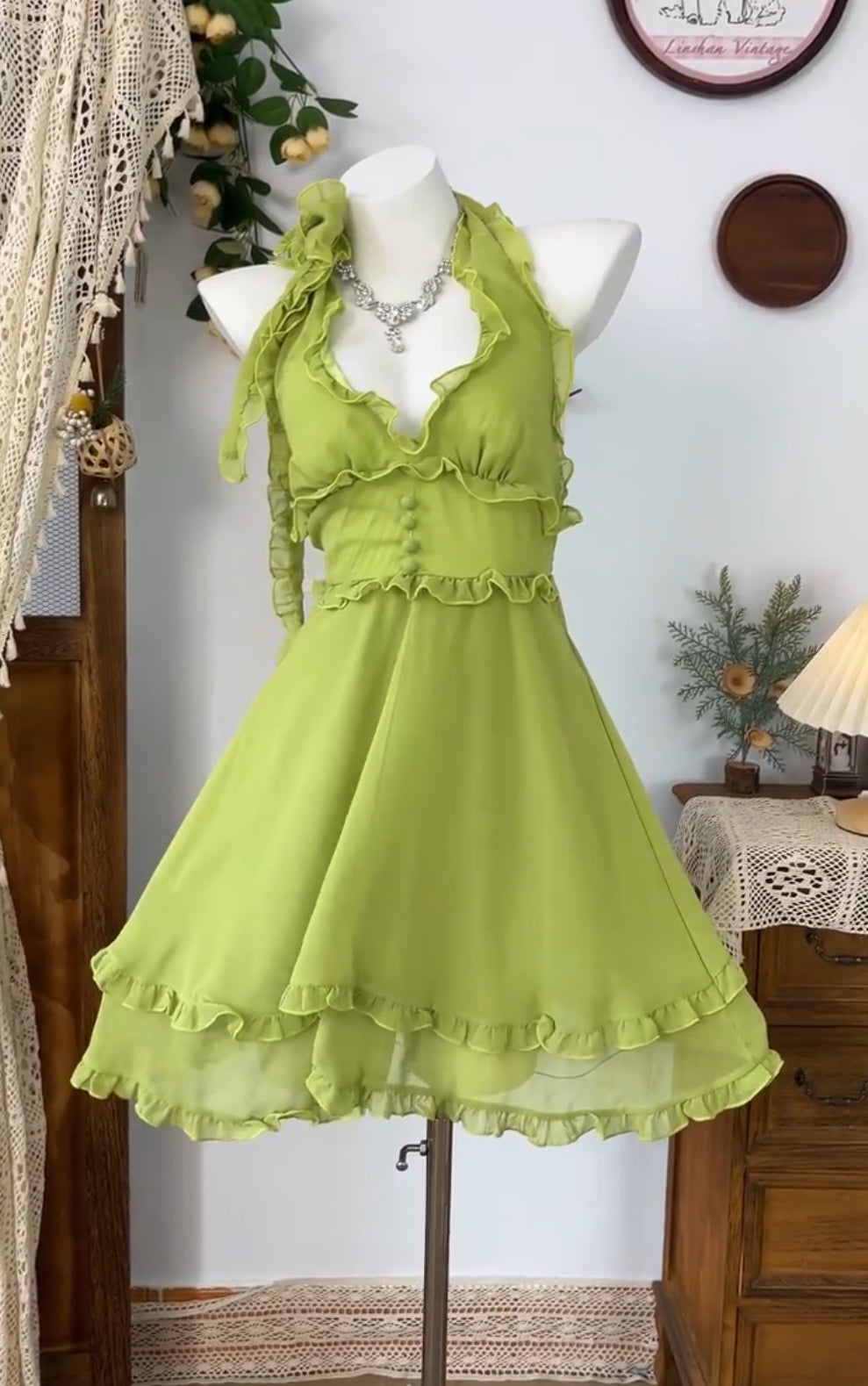 A Line Green Chiffon Short Prom Dress Ruffle Homecoming Dress J8416