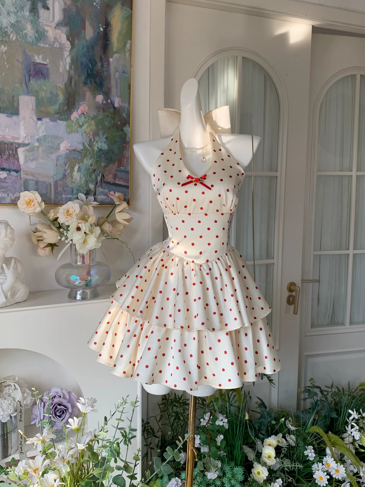French‑style Polka‑dot Satin Homecoming Dress Short Birthday Dress J11489