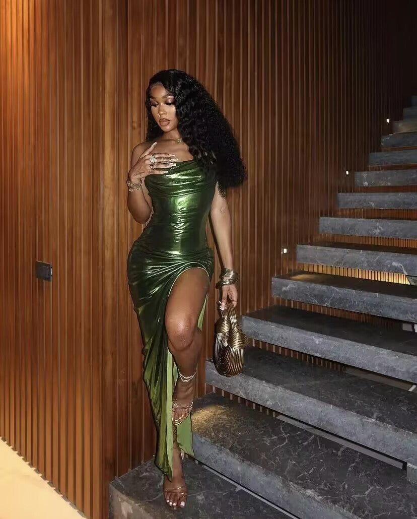 Green Sheath Long Prom Dresses With Slit Black Girl Evening Dress J261