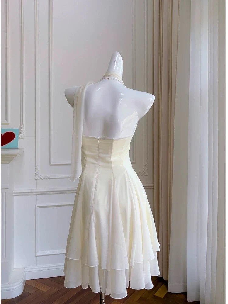 Trägerloses silbernes Vintage-Abendkleid, A-Linie, Geburtstagskleid J9370