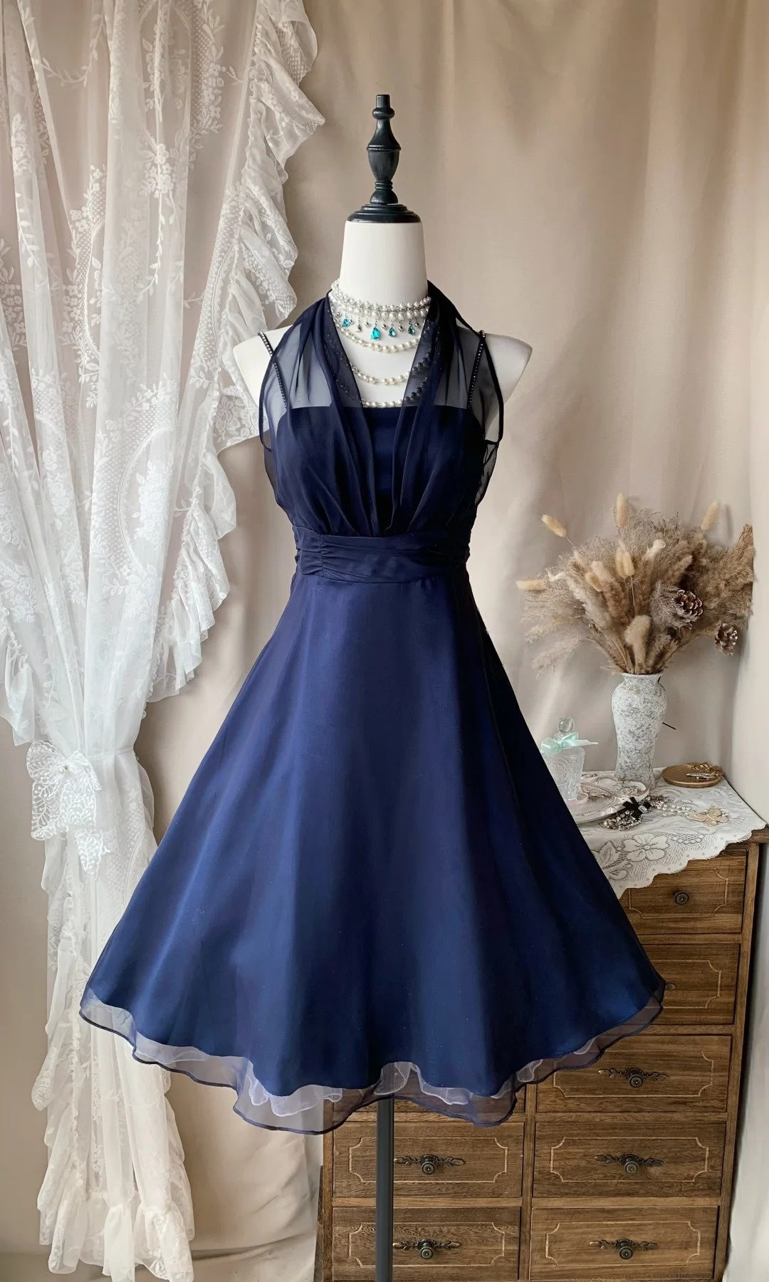 Halter A Line Navy Blue Homecoming Dress Mini Party Dress J10474