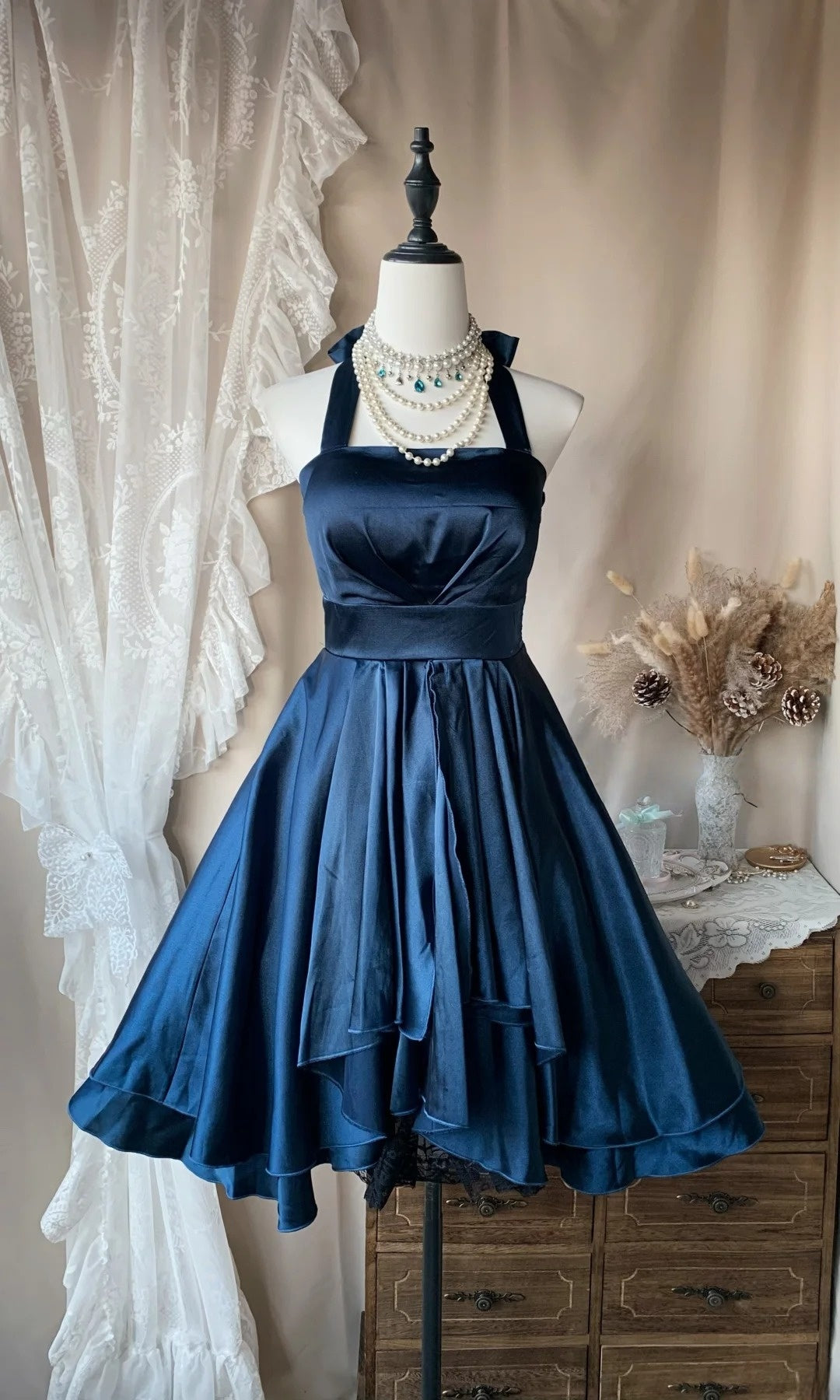 Halter A Line Satin Navy Blue Homecoming Dress J10473
