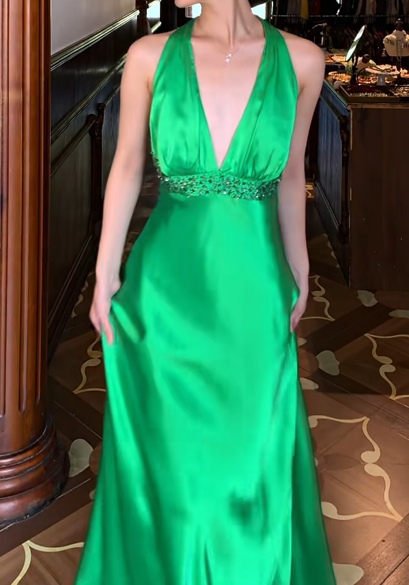 Halter Green Satin Prom Dress Backless Evening Dress J9665