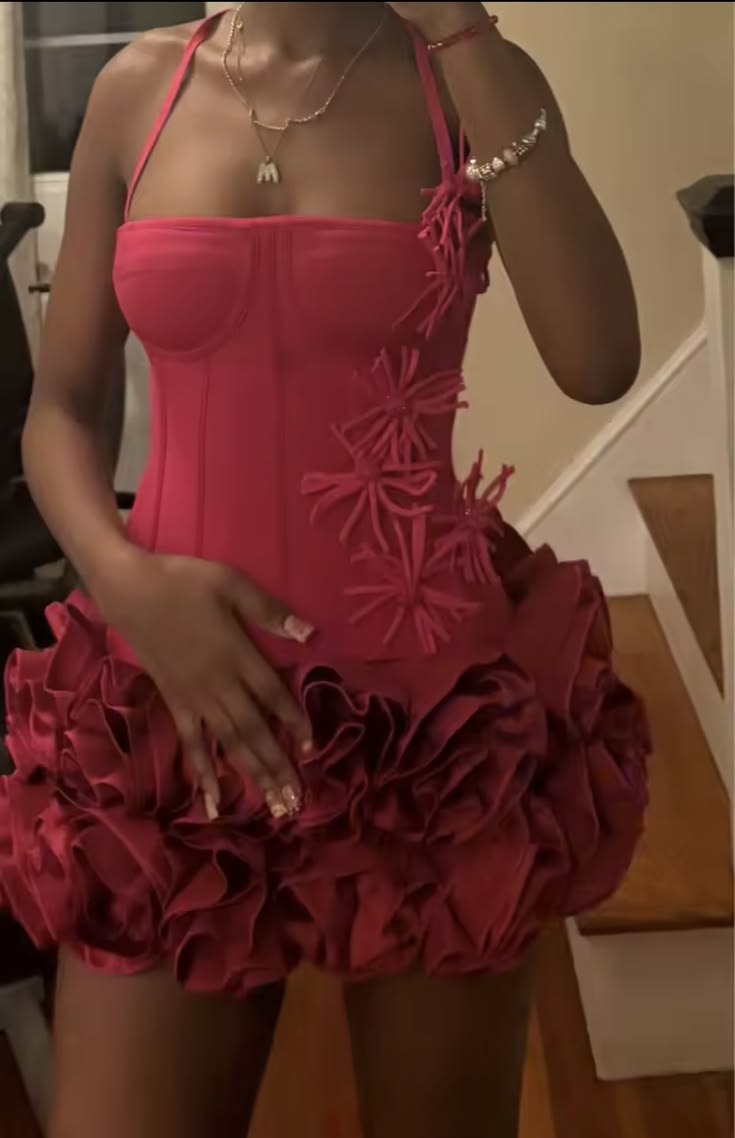 Halter Ruffled Burgundy Mini Birthday Dress Homecoming Dress J11607