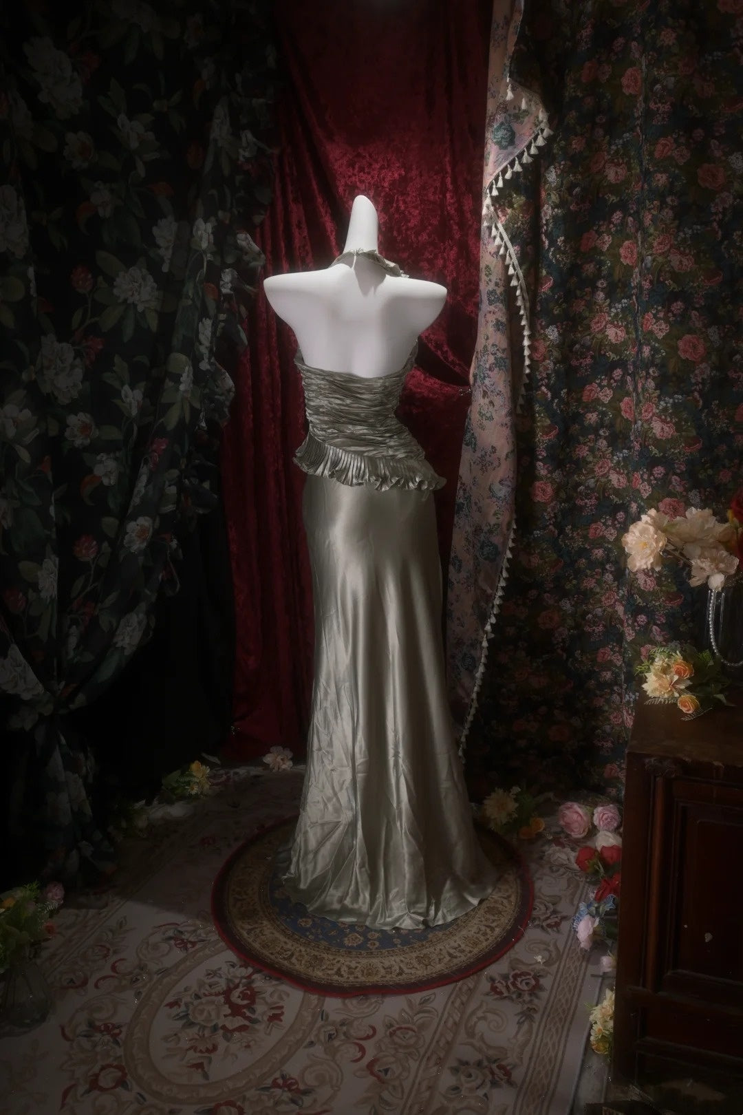 Trägerloses silbernes Vintage-Abendkleid, A-Linie, Geburtstagskleid J9370