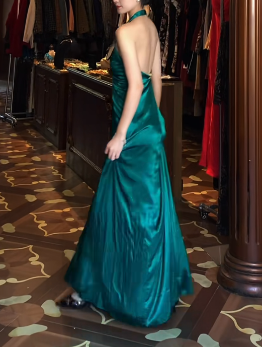 Halter V Neck Green Satin Prom Dress With Front Slit J9673