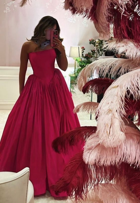 Trägerloses, langes, rosa A-Linien-Ballkleid für Geburtstage und formelle Partys 2447