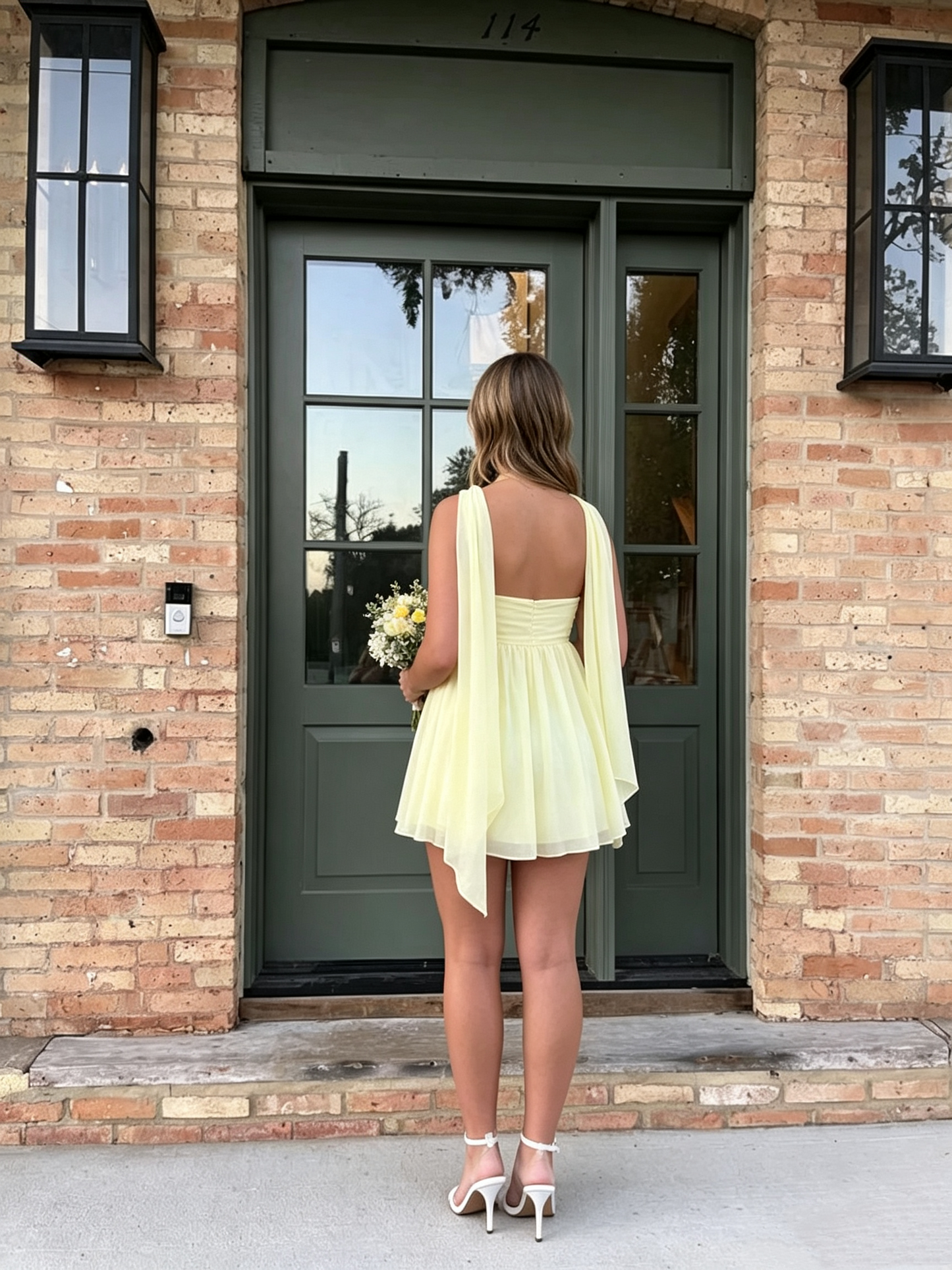 Sweetheart Yellow Chiffon Homecoming Dress With Scarf J10477