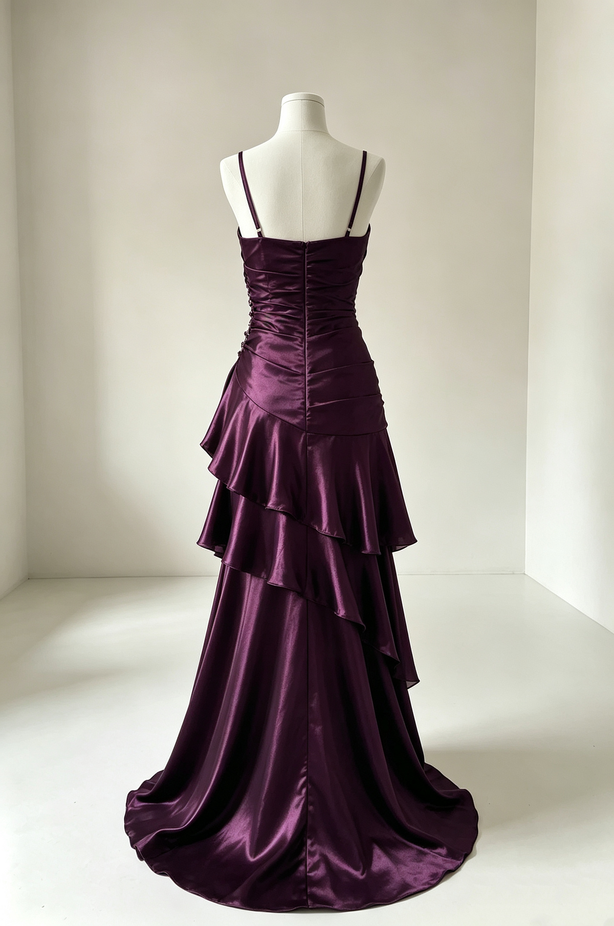 Spaghetti Straps Purple Satin Formal Prom Dress Ruffled Birthday Dress J11180