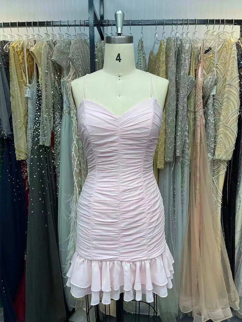 Spaghetti Straps Pink Sheath Ruffled Homecoming Dress J11632