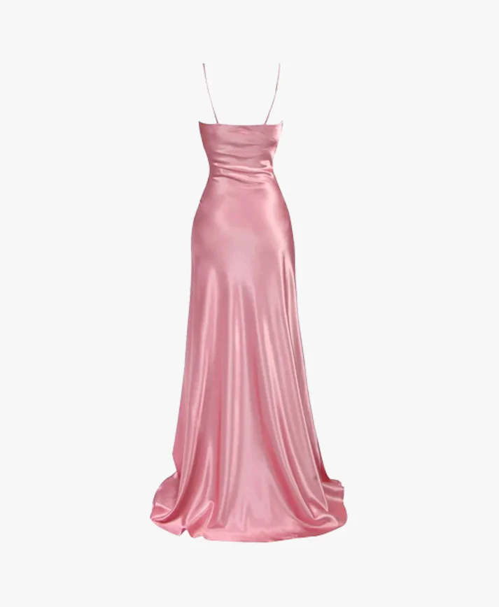 Spaghetti Straps A Line Pink Satin Prom Dresses Maxi Dress With Slit J2558