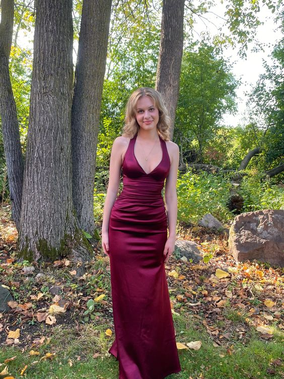 V Neck Burgundy Satin Sheath Long Prom Dresses J2652