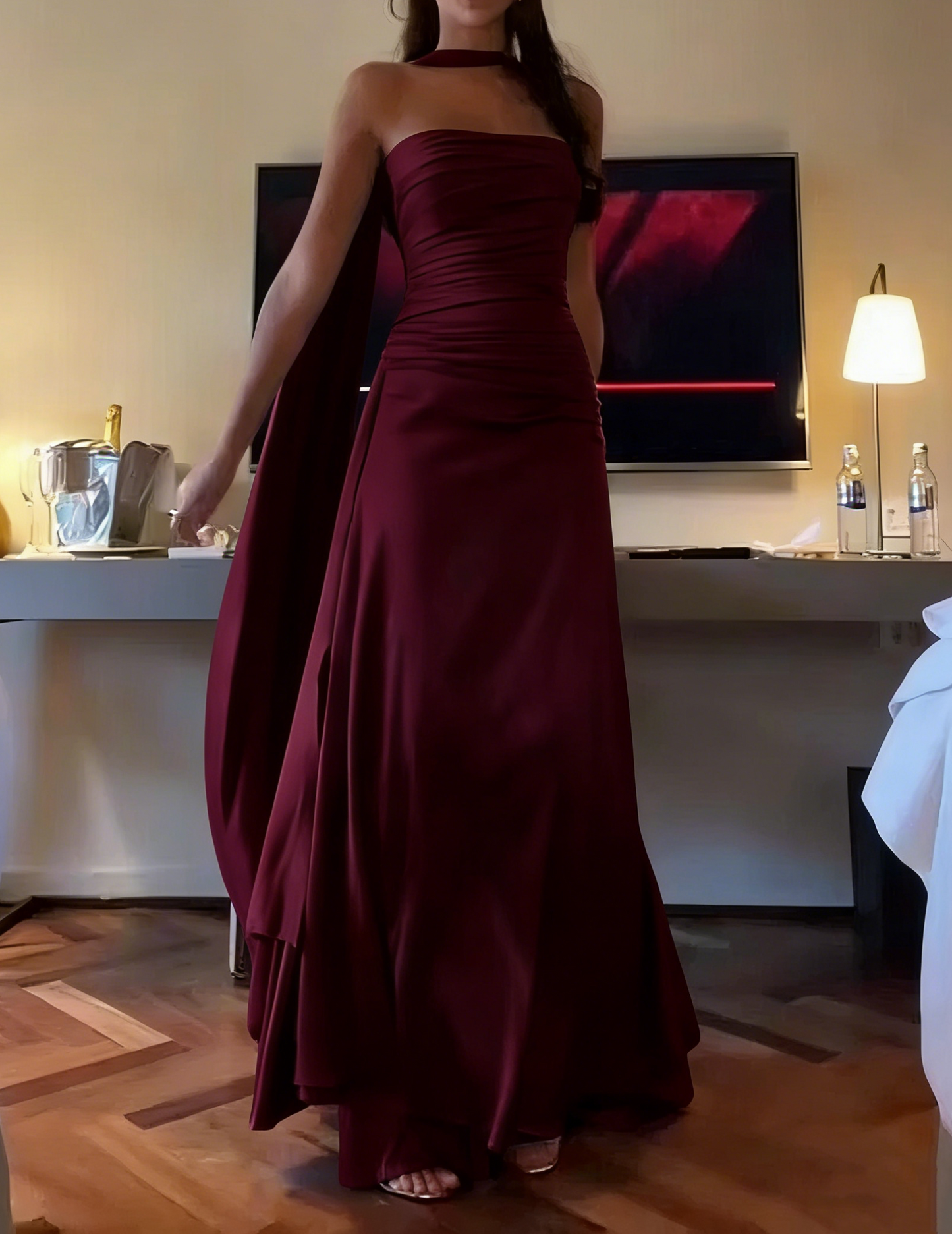 Robe de bal longue en satin bleu sans bretelles, coupe trapèze, tenue de soirée formelle J2877