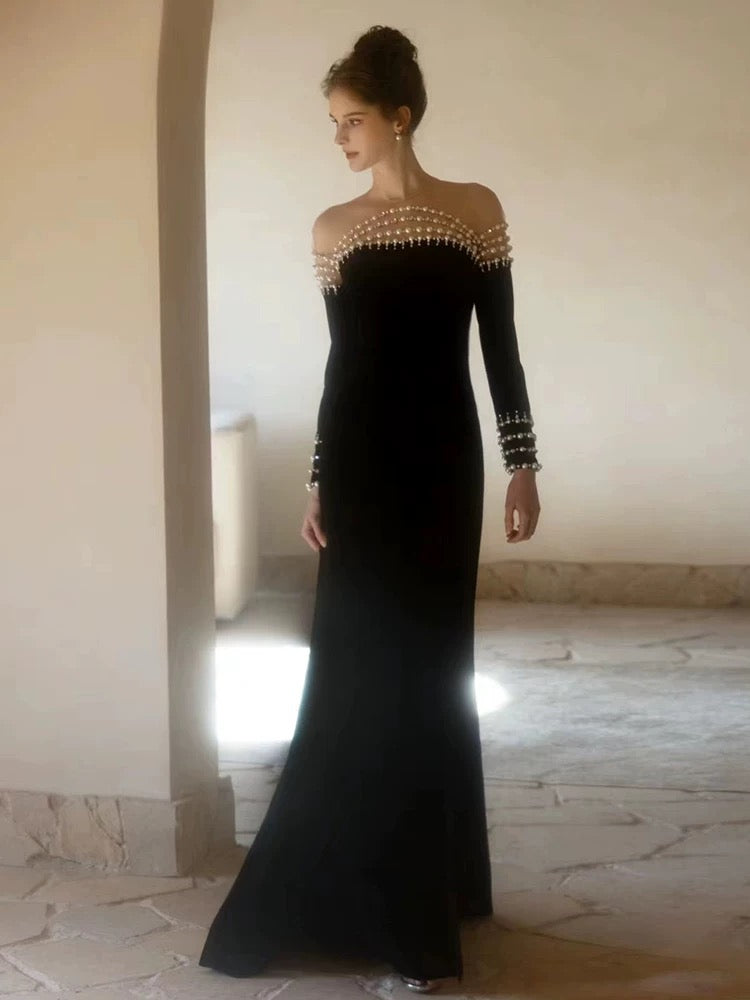 Robe de bal longue sirène élégante en velours noir J2966