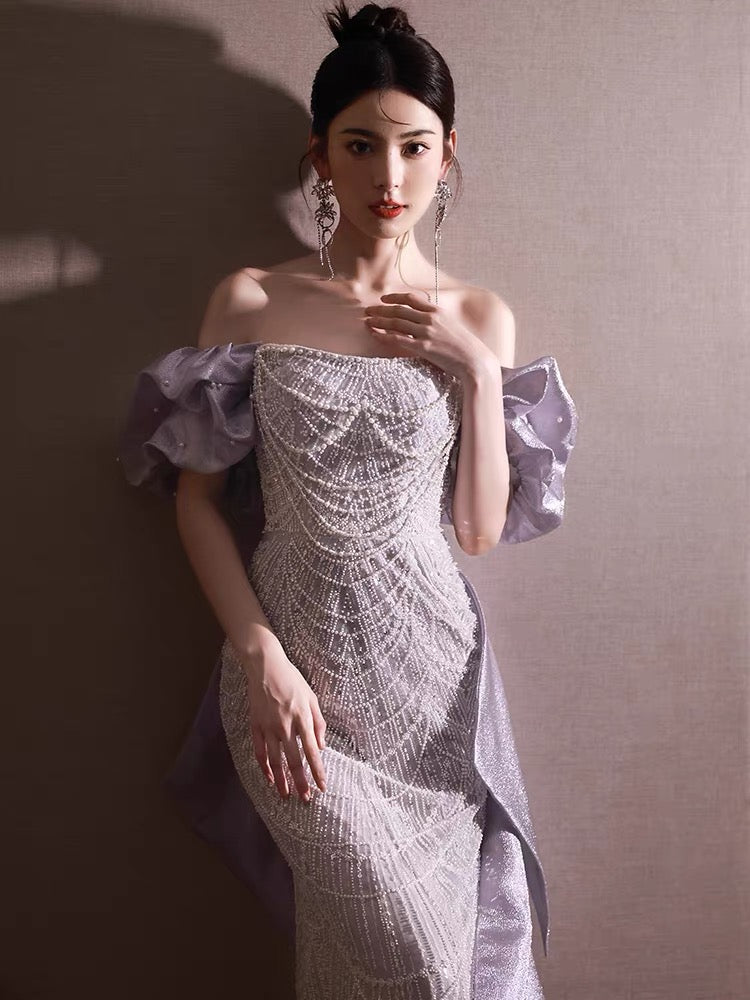 Robe de bal longue sirène à épaules dénudées et perles, tenue de fête d'anniversaire, J3353