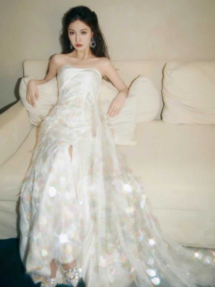 Strapless A Line White Sequin Long Prom Dress Formal Party Dress J3360