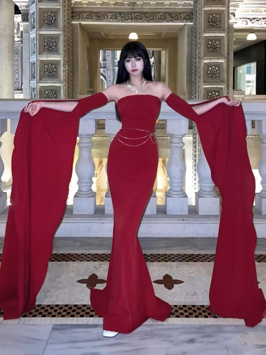 Schulterfreies Etuikleid in Rot, lang, Ballkleid, Geburtstagspartykleid J3367