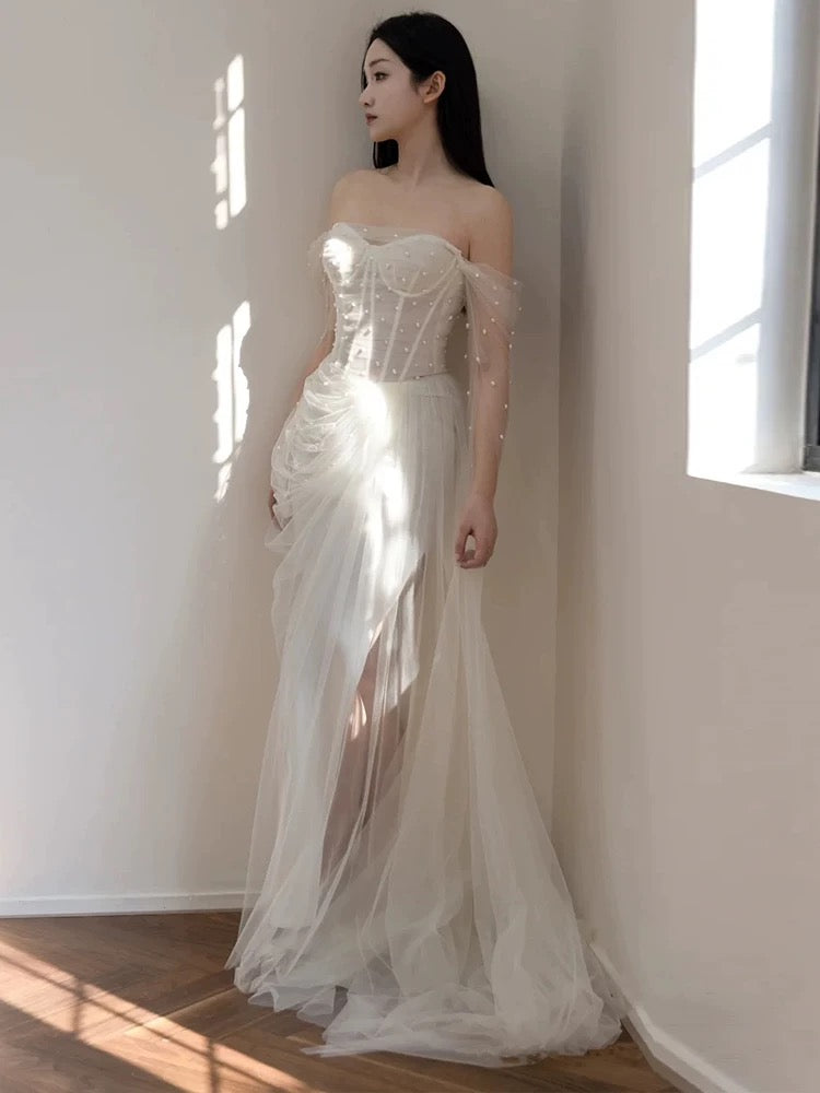 Off The Shoulder White A Line beaded Wedding Dress J3675