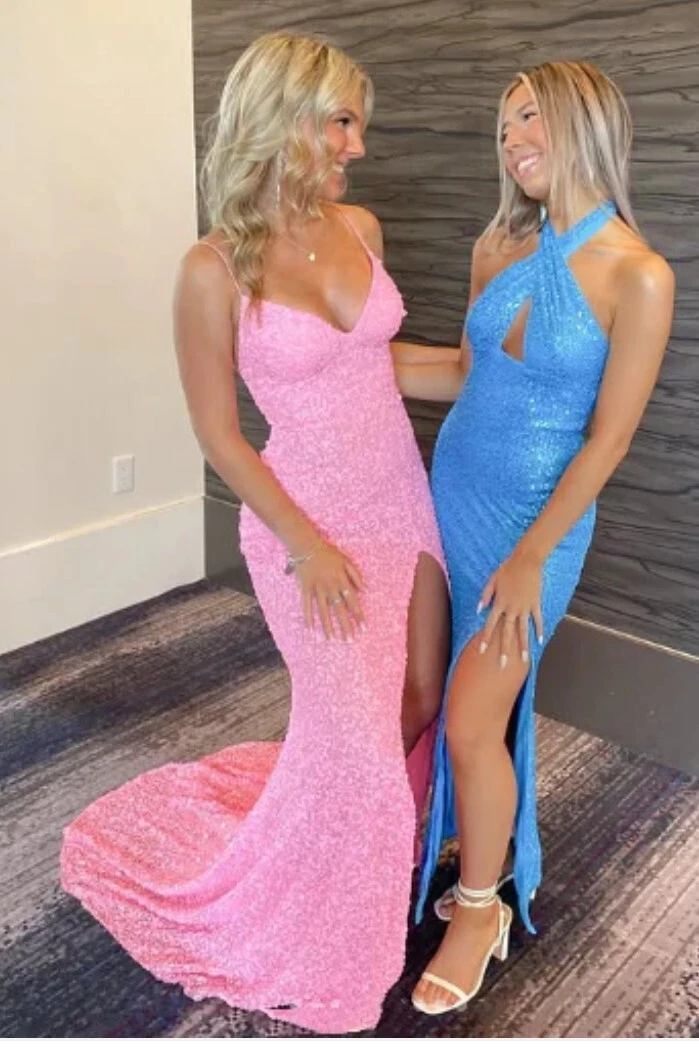 Elegante Meerjungfrau Pailletten Rosa Lange Ballkleider Abendkleid J3687