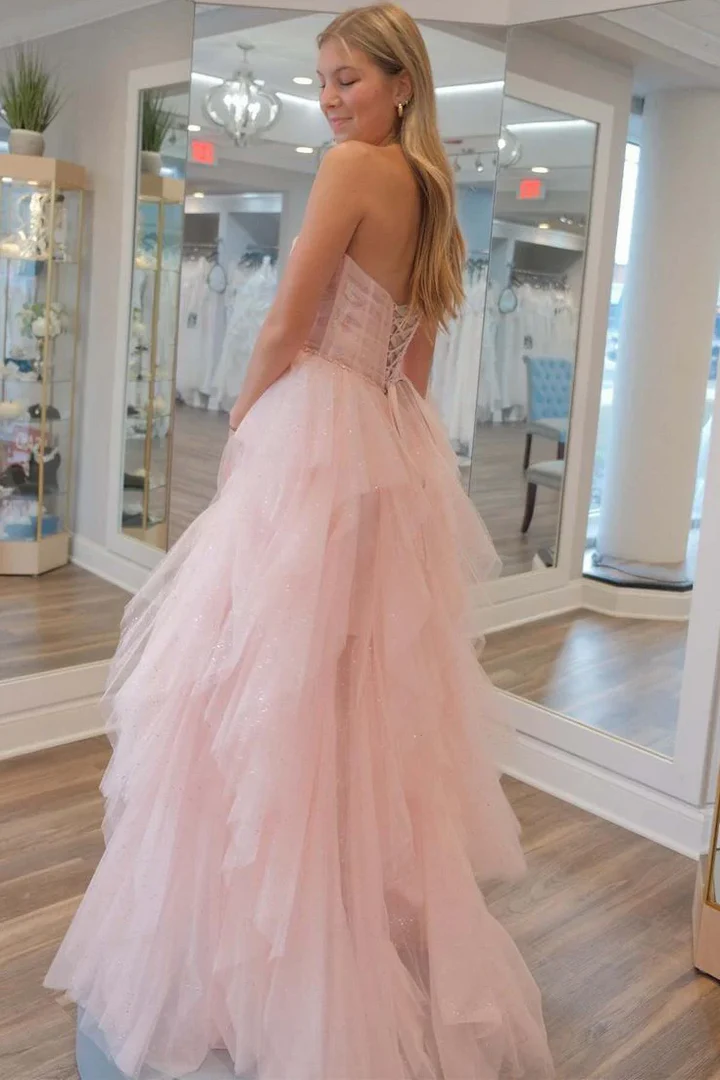 Robe de bal longue rose bustier coupe trapèze en tulle, tenue de soirée formelle J3715
