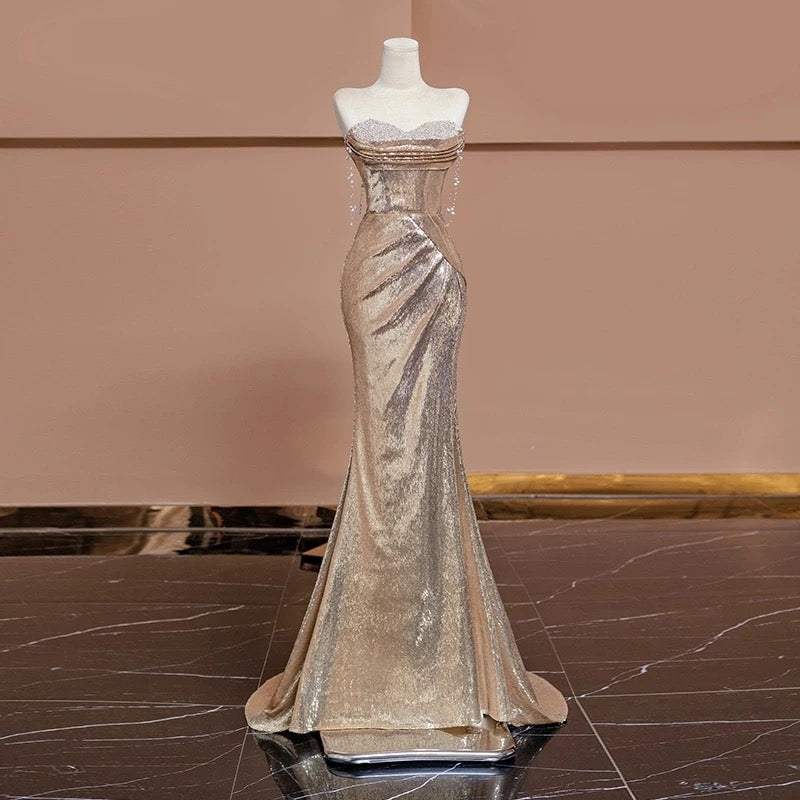Robe de soirée longue sirène bustier à sequins rouges J4355