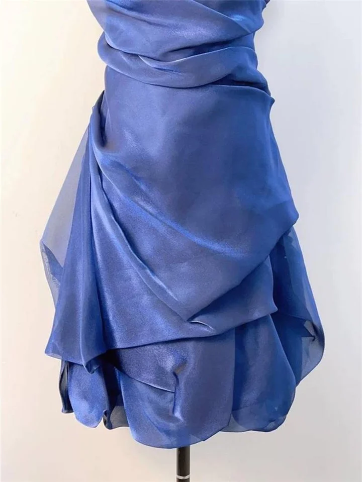 Robe de soirée courte bleue à dos nu J4412