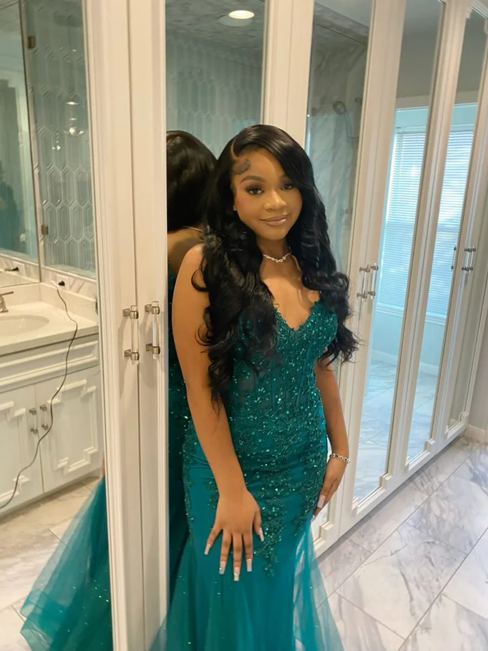 Robe de soirée sirène en tulle vert émeraude et dentelle J4723