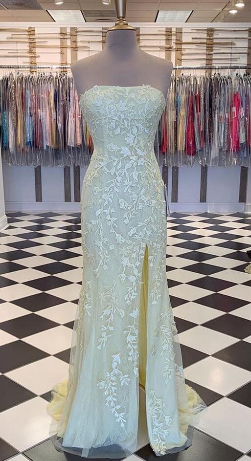Yellow Lace Long Prom Dress With Slit Strapless Mermaid Party Dress J4870