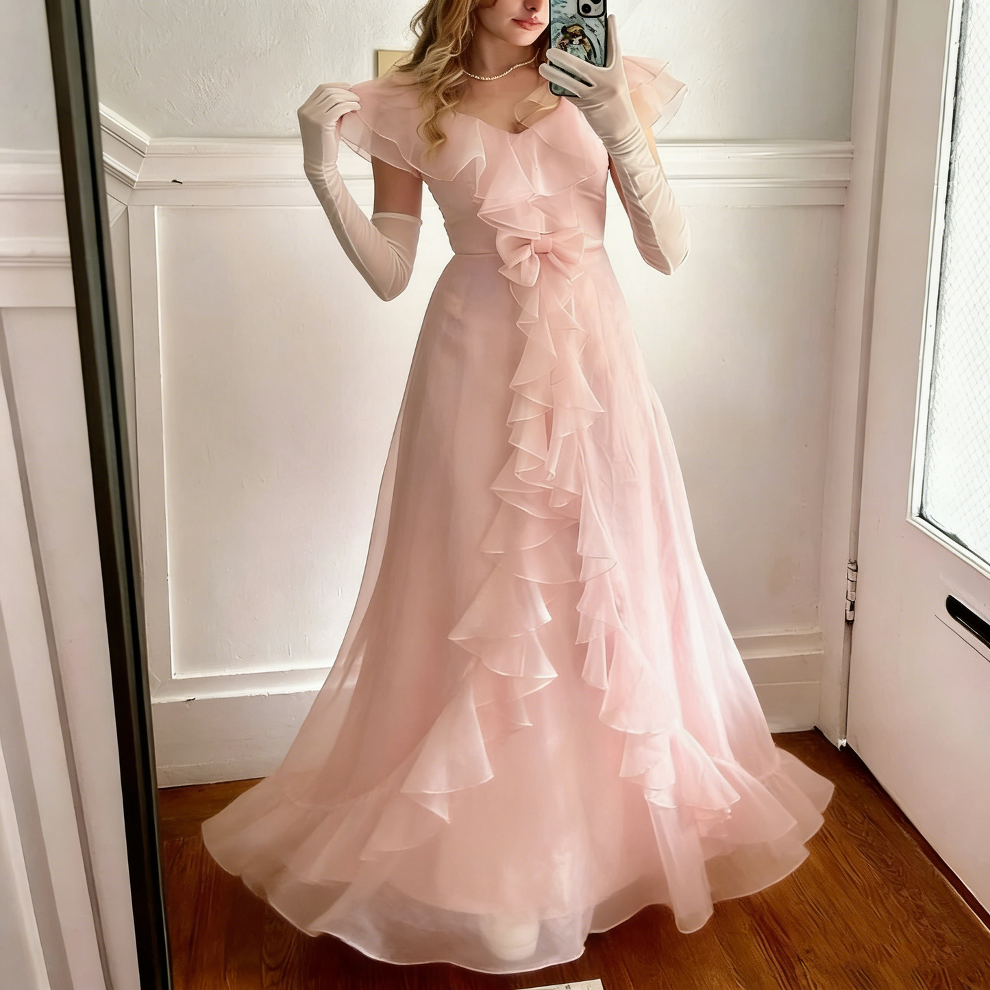 Chiffon A-Linie Rosa Abendkleid Rüschen Ballkleid J6380