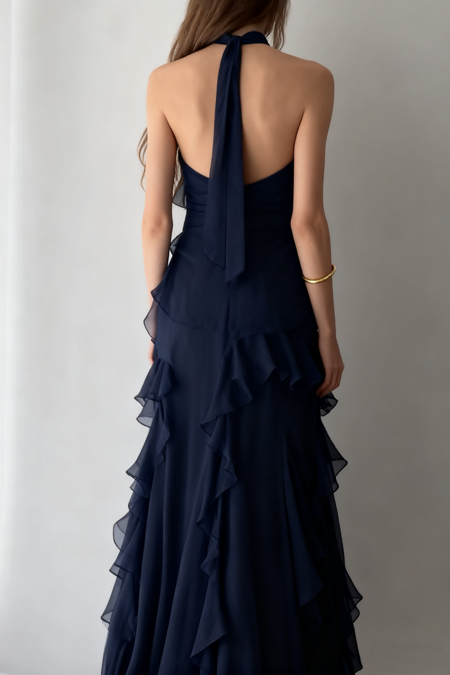 Robe de bal bleu marine à col licou en mousseline de soie à volants, robe de soirée pour invitée de mariage J6467