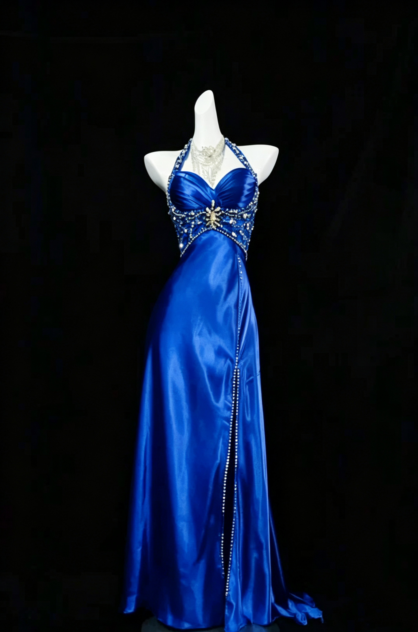 Halter A Line Navy Blue Slit Long Prom Dress Beads Evening Dresses J6560