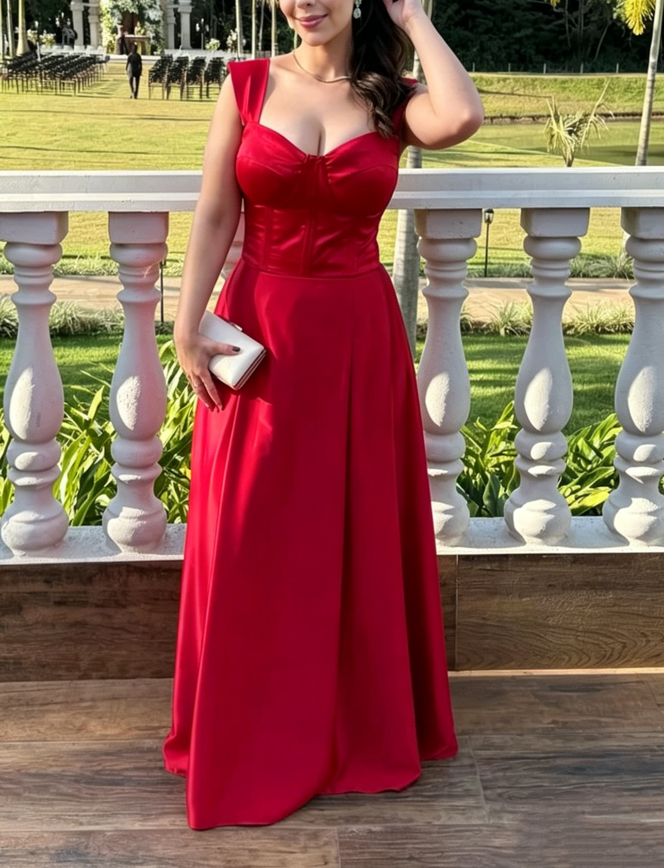 A Line Red Satin Long Prom Dress Wedding Guest Dress J7918
