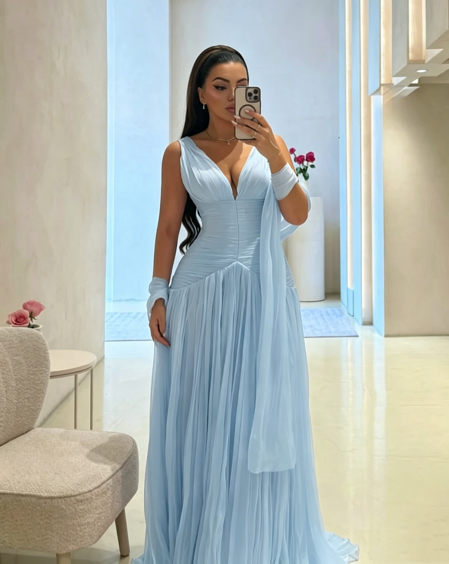 V Neck A Line Long Prom Dress Pink Wedding Guest Dress J8030