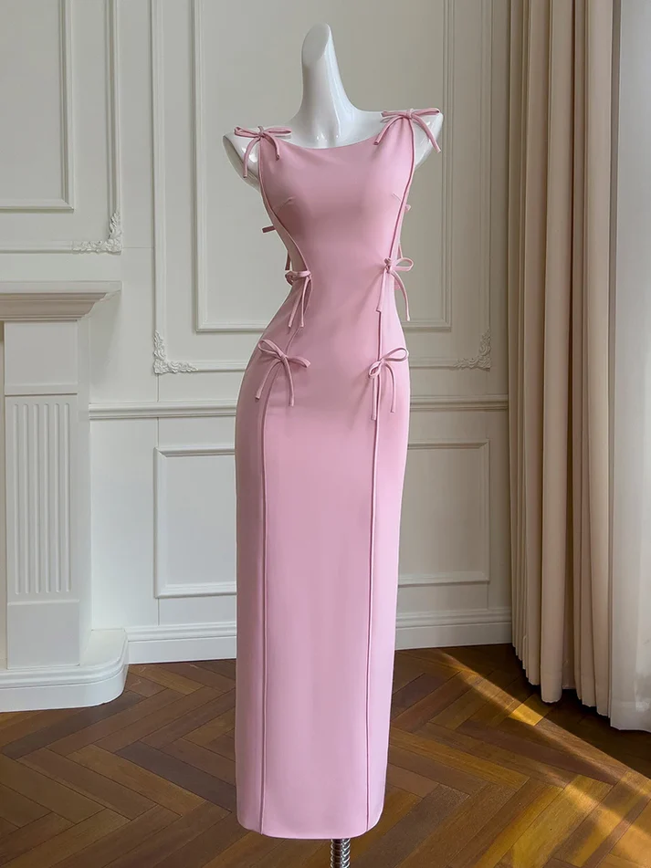 Robe de bal longue rose à bretelles spaghetti et nœud papillon, jolie tenue J8118