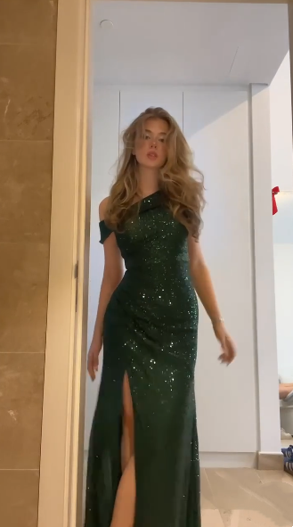 Robe de bal longue sirène vert émeraude, robe de soirée brillante avec fente J8289