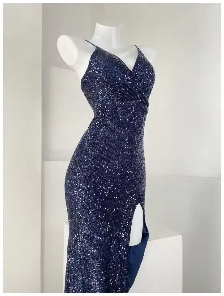 Robe de soirée fourreau noire sexy longue avec fente J8826