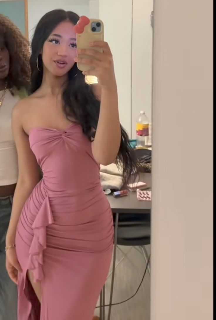 Rosa Etuikleid, lang, mit Seitenschlitz, Satin, formelles Kleid J8820