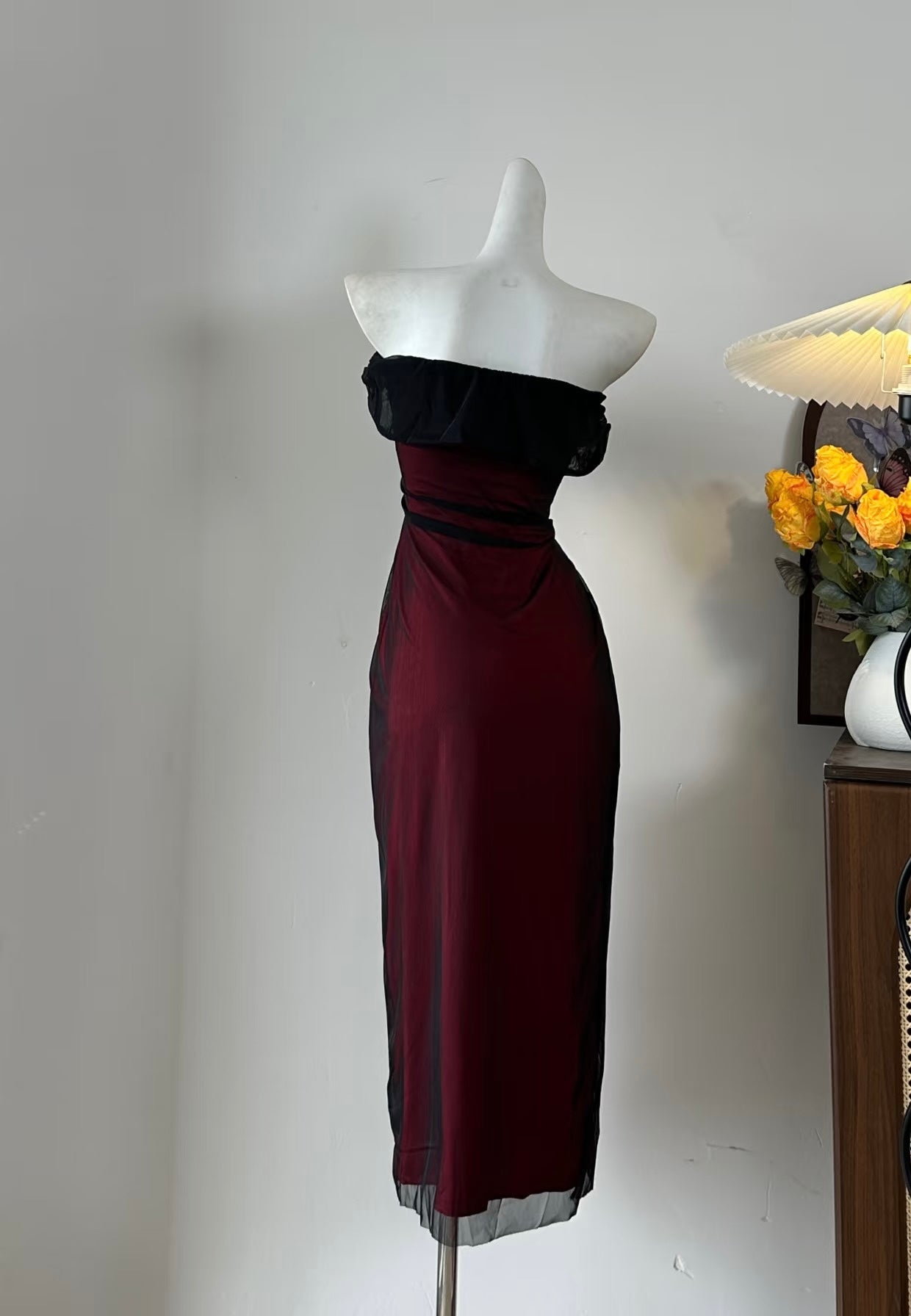 Rosa Etuikleid, lang, mit Seitenschlitz, Satin, formelles Kleid J8820