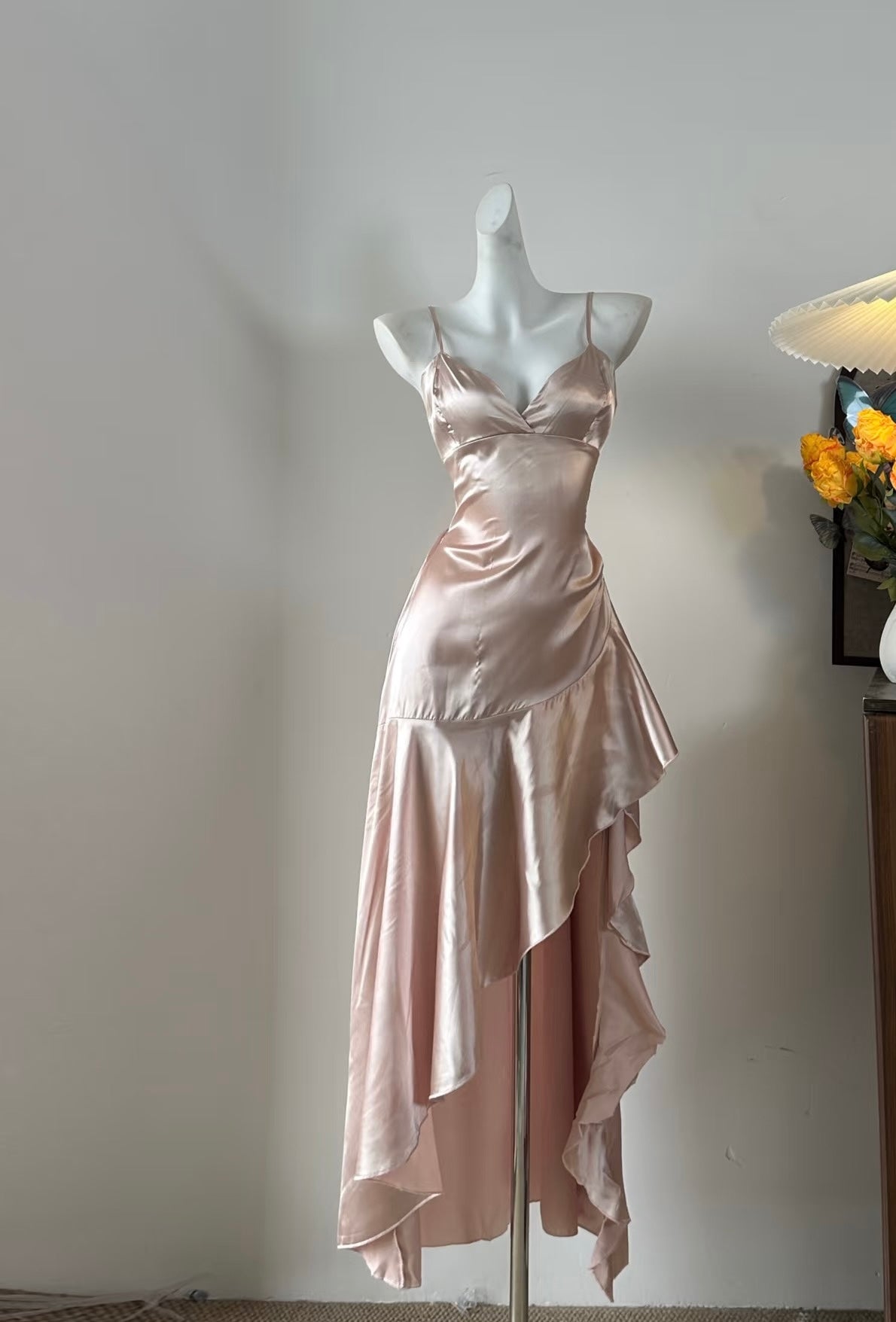 A Line Pink Ruffle Prom Dress Satin Formal Party Dress J8953