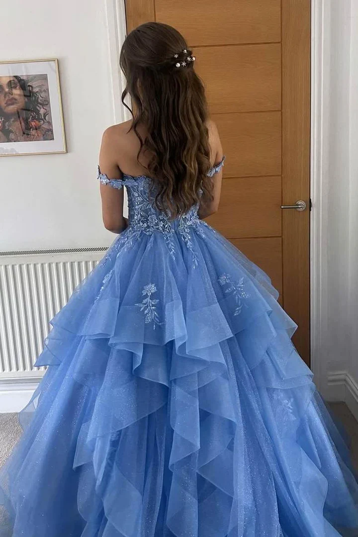 Sweetheart Lace Applique Layered Prom Dress with Off Shoulder J8959