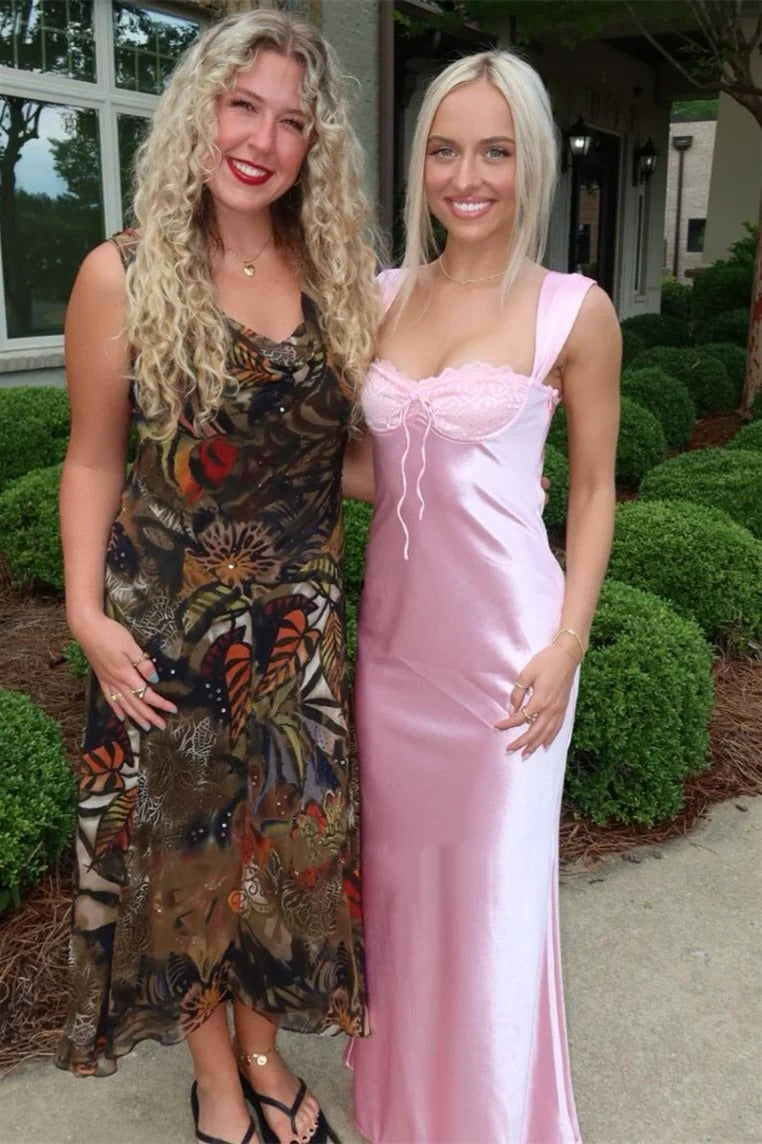 Rosa Etuikleid, lang, mit Seitenschlitz, Satin, formelles Kleid J8820