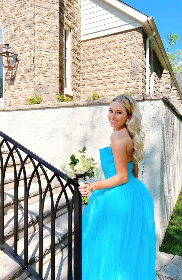 A Line Blue Tulle Prom Dress Formal Evening Party Dress J9002